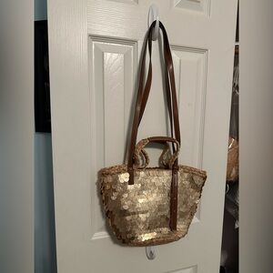 Zara Gold Sequin Straw Shoulder Bag with Brown Straps
